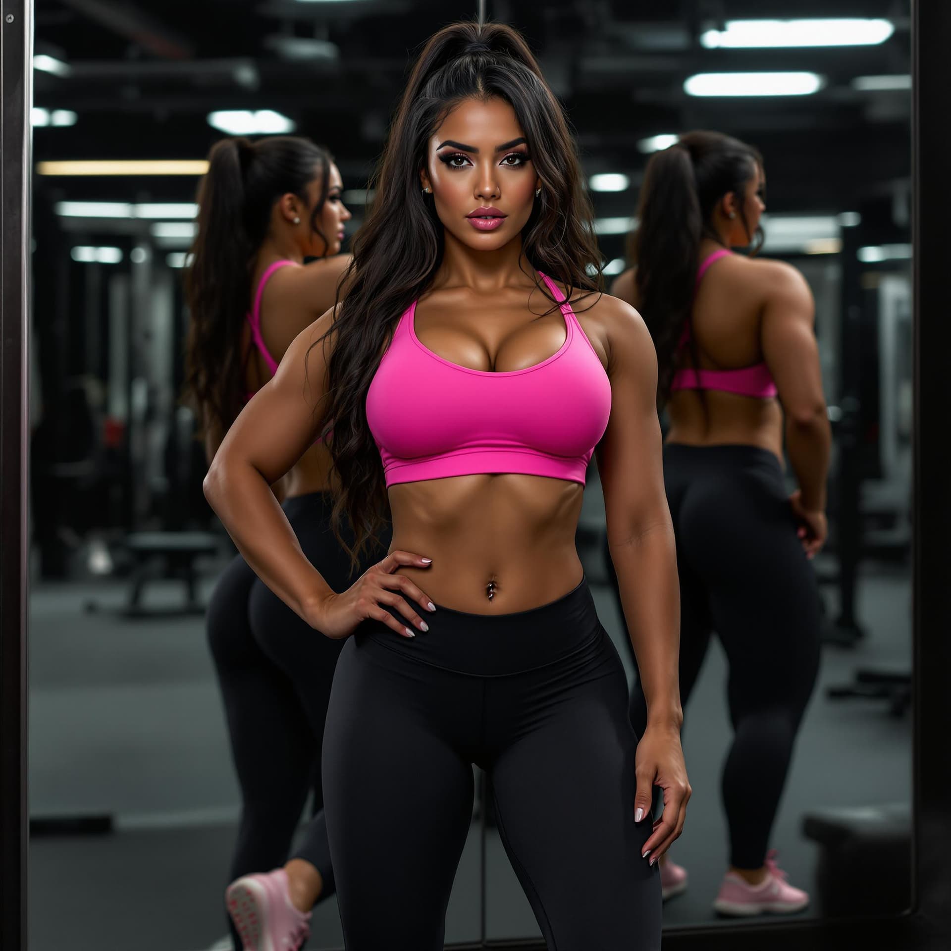 AI generated: A fine looking young latino woman with massive body curves and voluminous, posing in front of large ...