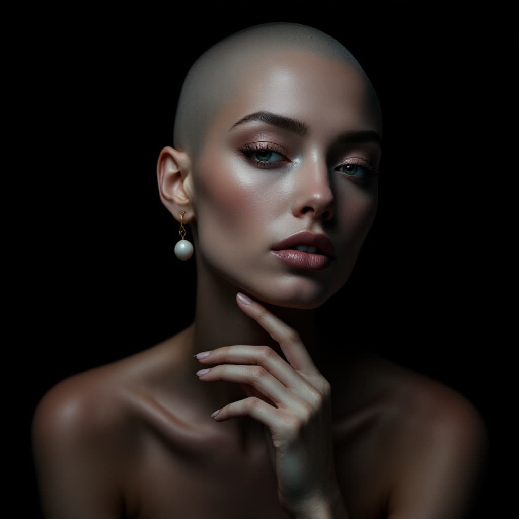 AI generated: Portrait of a bald Caucasian woman with delicate features, soft matte skin and subtle makeup, wearin...
