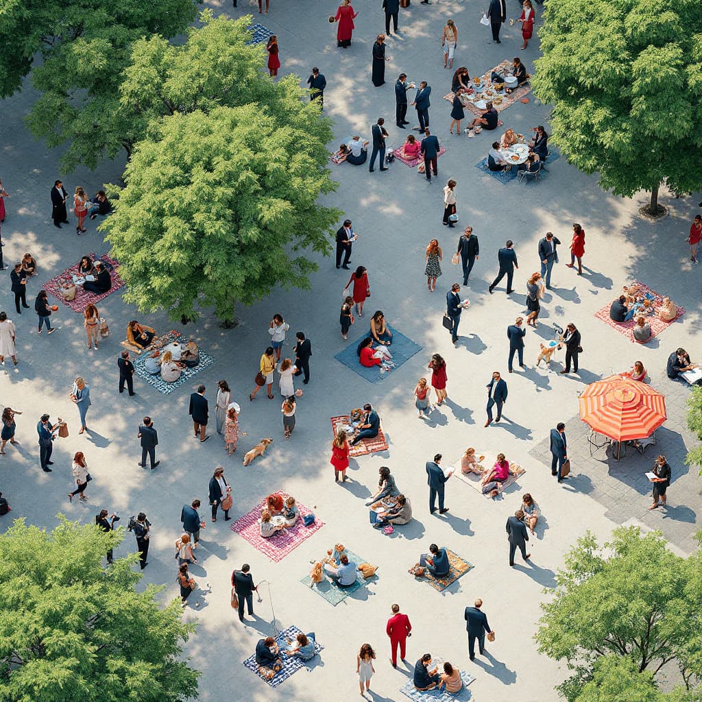 AI generated: image of a bustling urban park scene viewed from above, diverse groups of people engaged in various ...