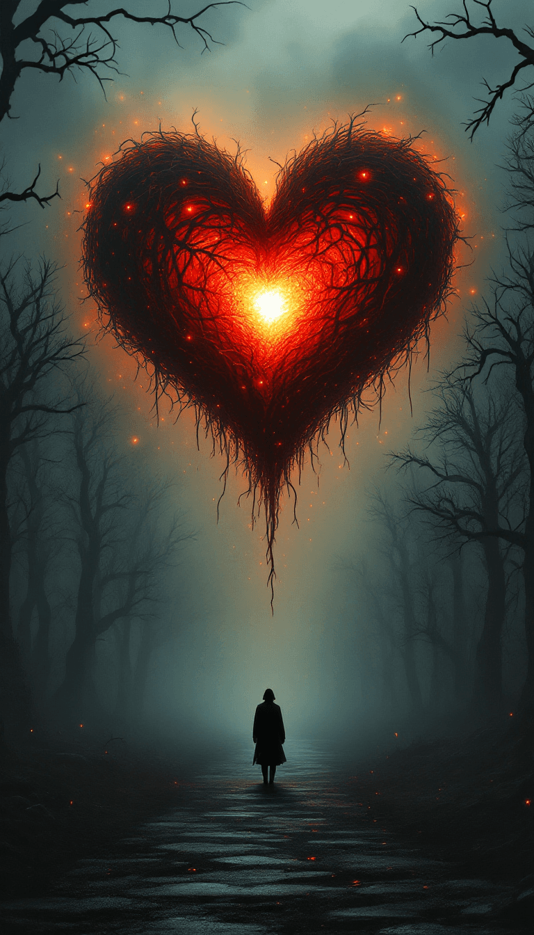 AI generated: A surreal and cinematic scene featuring a lone silhouetted figure standing at the base of a dark, fo...
