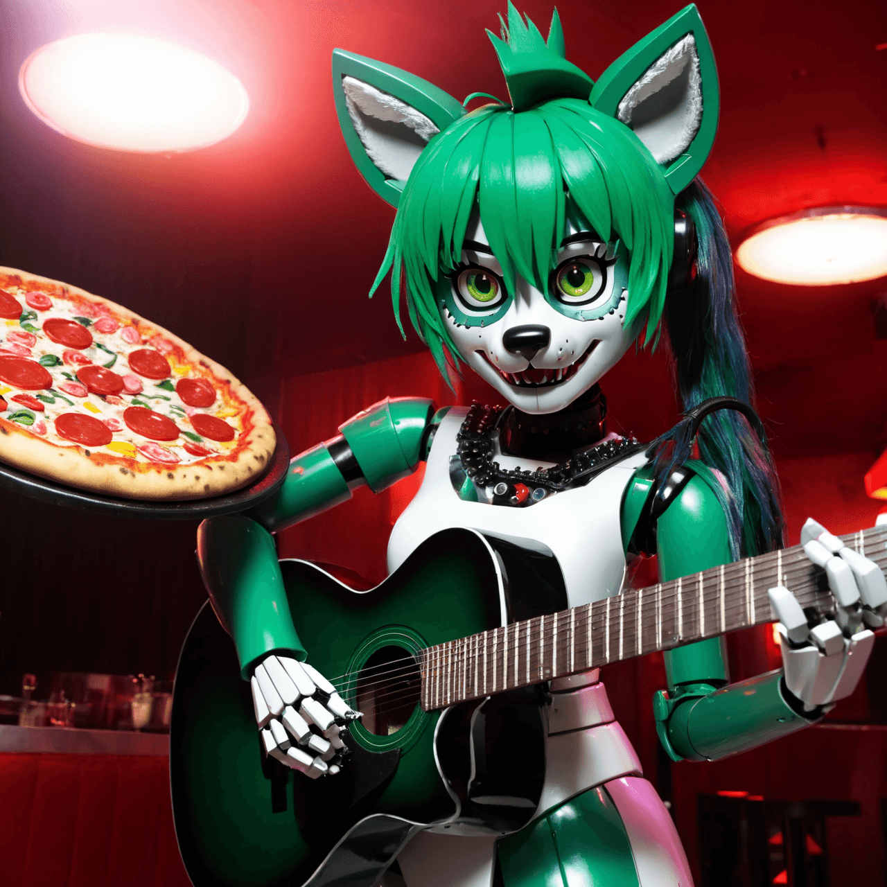 AI generated: robot, roxanne wolf , <lora:fnafsb_roxannewolf-11:1> animatronic, green hair, pizza restaurant, bloo...