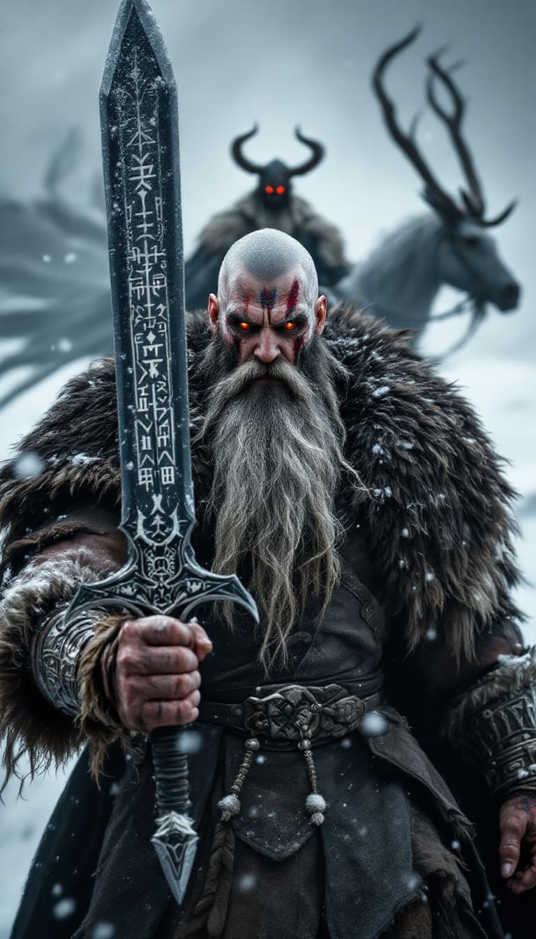 AI generated: An ultra-realistic, zoomed out, front facing full-body portrait of a towering Berserker with a thick...