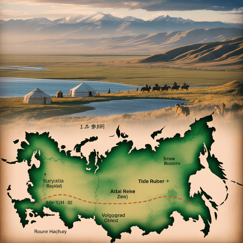 AI generated: Epic panoramic view of Eurasian steppes, historical map overlay:  
1. **地理要素**：  
   - Foreground:...