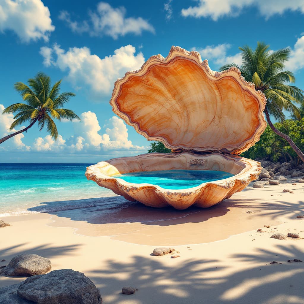 AI generated: the (((planet earth!))) inside a giant clam shell on a beach, palm trees, blue ocean, by Albert Dros...