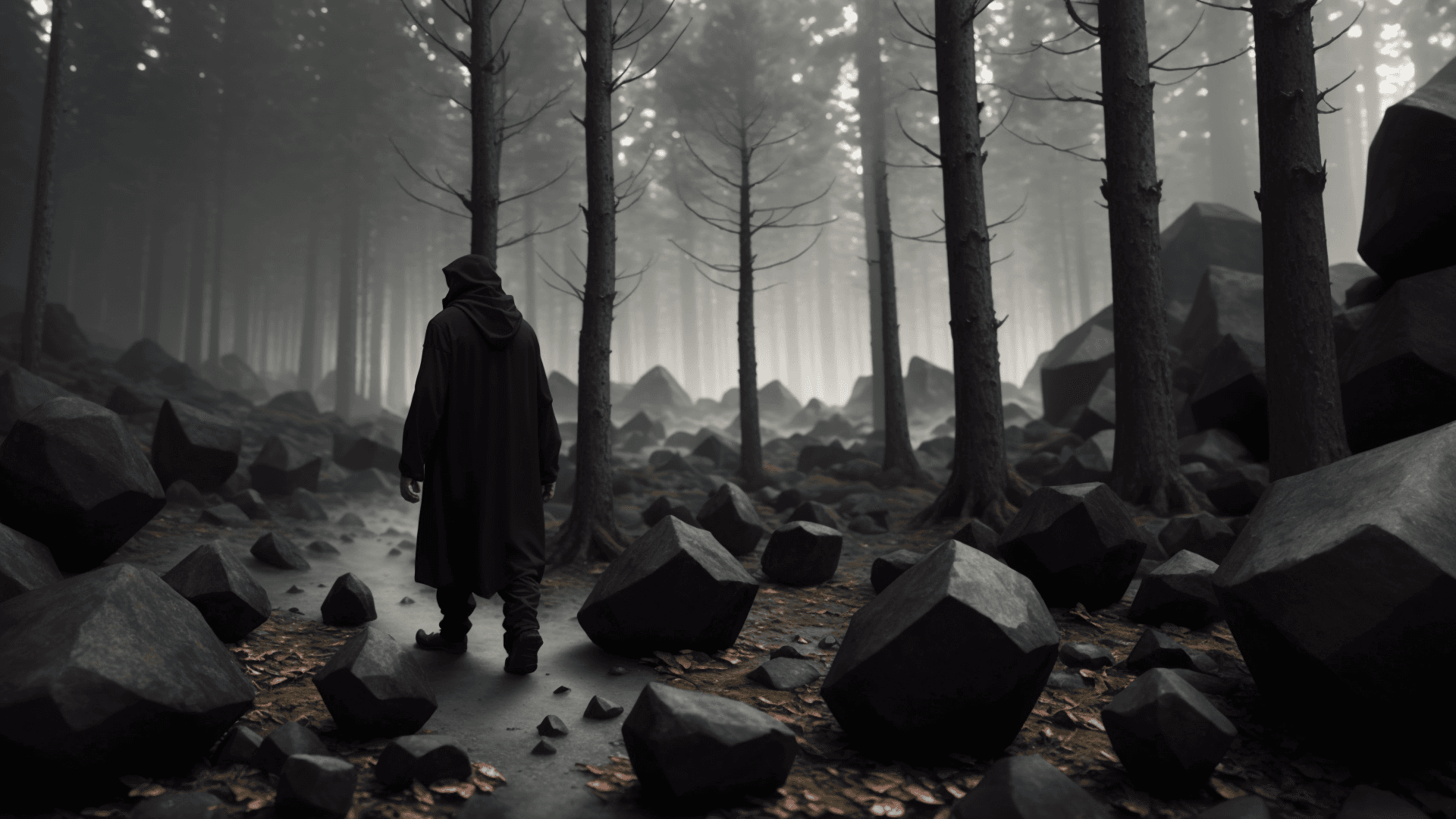 AI generated: full body old hermit with black clothes walking to the camera through the forest. stacked Rocks in t...