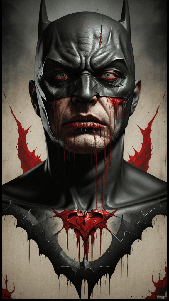 AI generated: Large COMIC border all round 16k portrait poster of the EVIL VANQUISHED BATMAN, extremely detailed e...