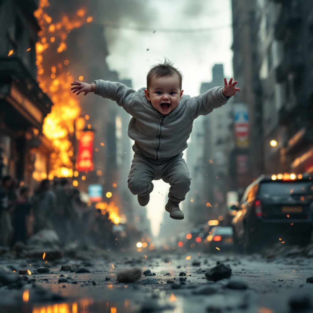 AI generated: (Action film photograph) a baby is (flying high through the air), being running by an action star. w...
