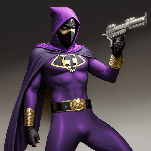 AI generated: BILLY ZANE IN A PURPLE SPANDEX SUIT, WITH A PURPLE HOOD AND A BLACK SUPERHERO MASK ON TOP  HOLDING T...