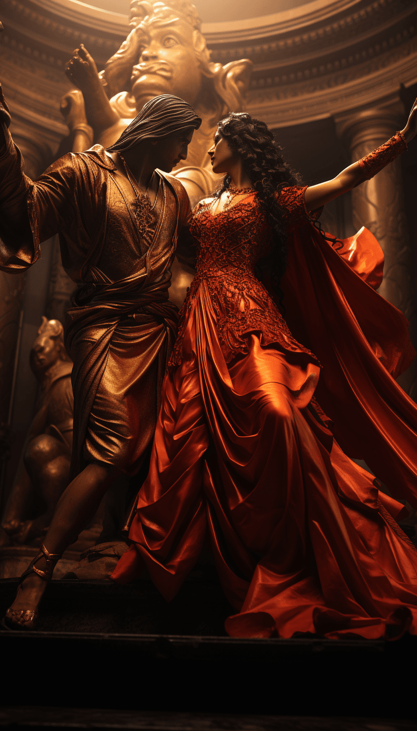 AI generated: both of them dressed in red gowns in front of a red and gold statue of durga, in the style of dynami...