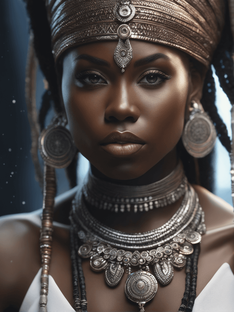 AI generated: intricate closeup shot, masterpiece artwork, black skin-tight body, tribal, suit, white accent, deta...