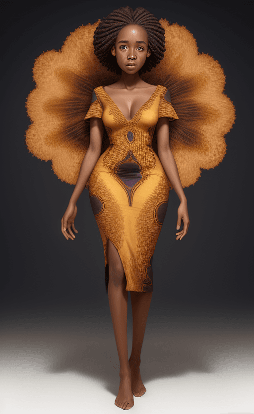 AI generated: African woman, v-neck dress, posing, 30s, full body, ultradetailed, HD, 8K, highlights, good lightin...