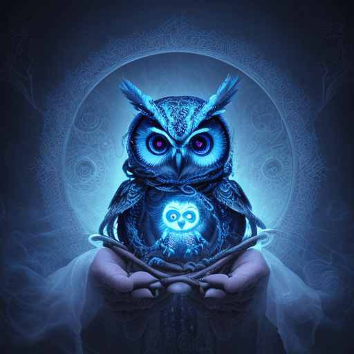 AI generated: High resolution photography humanoid owl, fantasy chibi owl holding ghostly spectral swords, whip co...