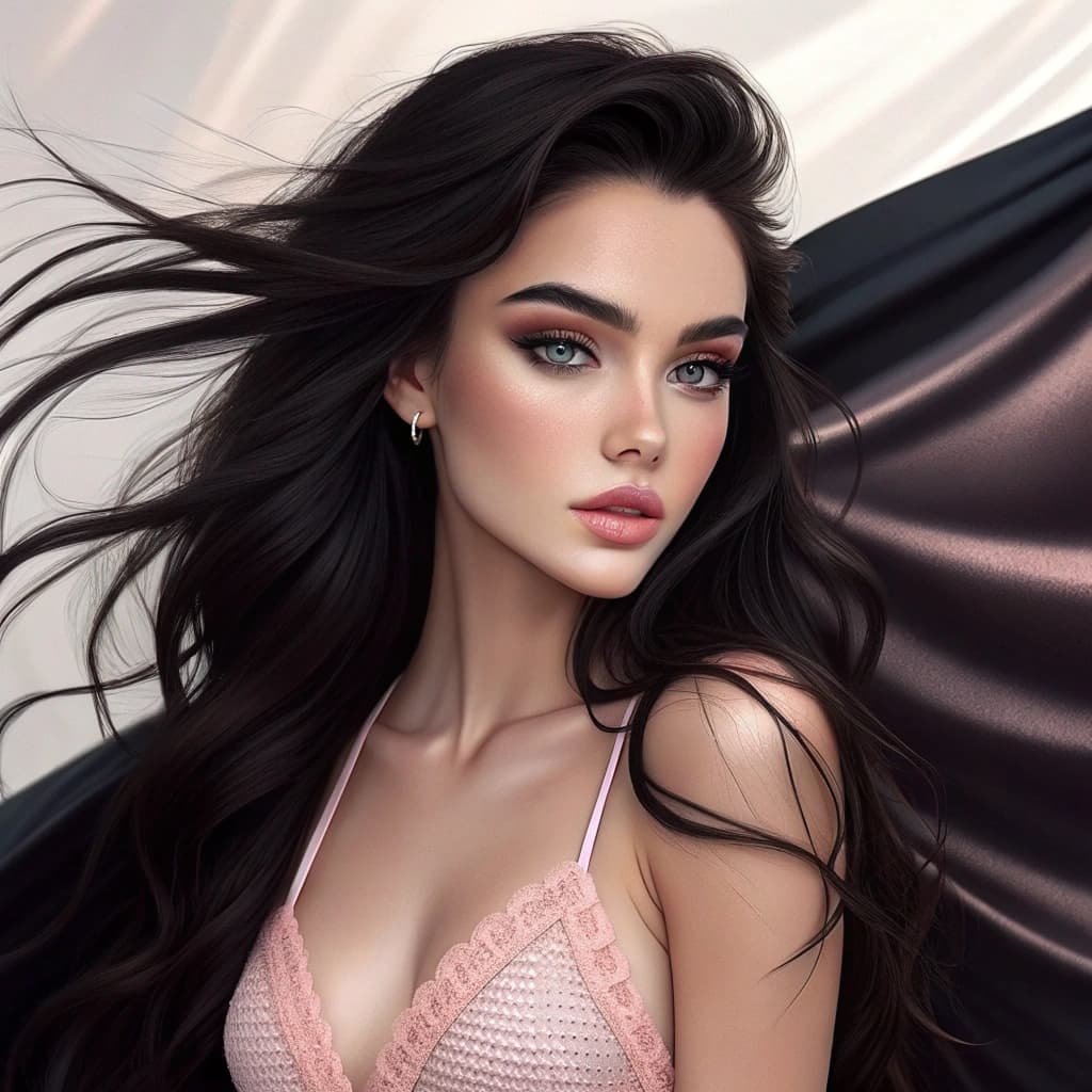 AI generated: Subject: A young woman with an hourglass figure, long, flowing jet-black hair styled in soft waves, ...