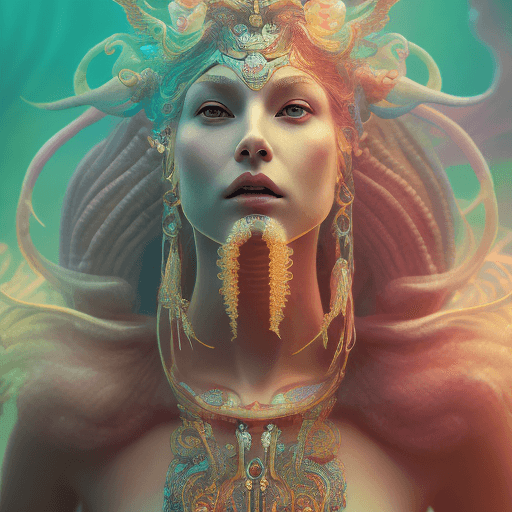 AI generated: Goddess close-up portrait ribcagel. jellyfish phoenix head, nautilus, orchid, skull, betta fish, bio...