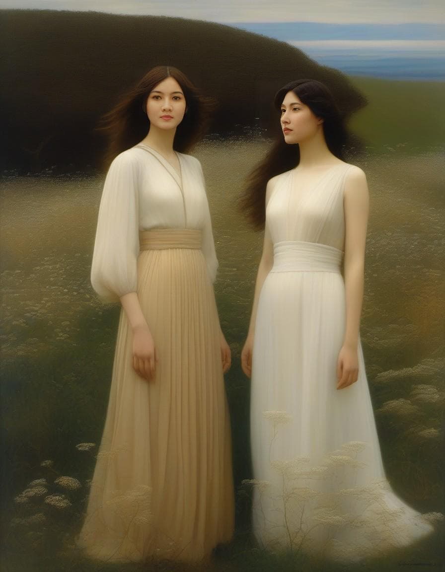 AI generated: woman in the field, insipired by Lucien Lévy-DhurmerLe Silence and Albert-Émile Artigue Fleurs de Pr...