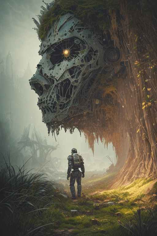 AI generated: A photo of a destroyed robot covered in moss, post apocalyptic city, lush overgrowth, by Luis Royo, ...