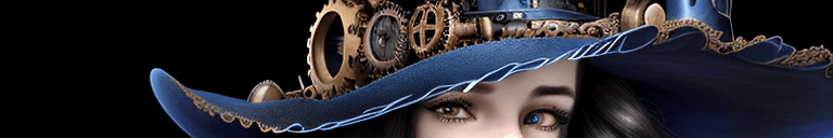 AI generated: steampunk princess, pale skin, dark hair, facial closeup, vibrant blue colors, black dress and hat, ...
