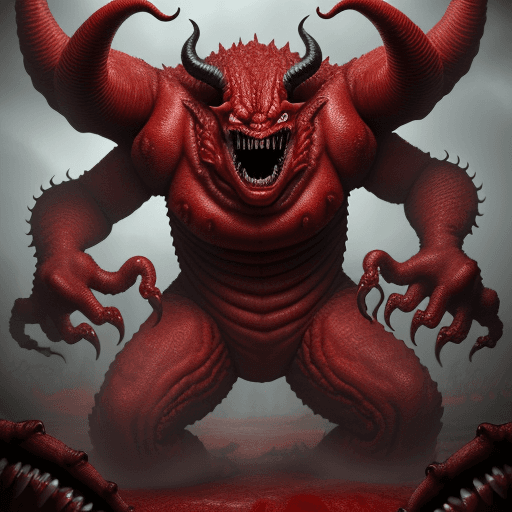 AI generated:  high quality foto of a big red monster, 10 legs, 3 arms, slimy, 3 heads with grimaces and big teeth...