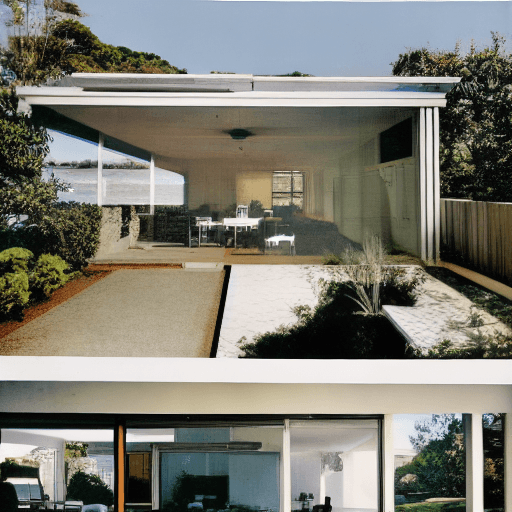 AI generated: Hyper realistic eye level exterior photo of a mid century modern style house overlooking the ocean, ...