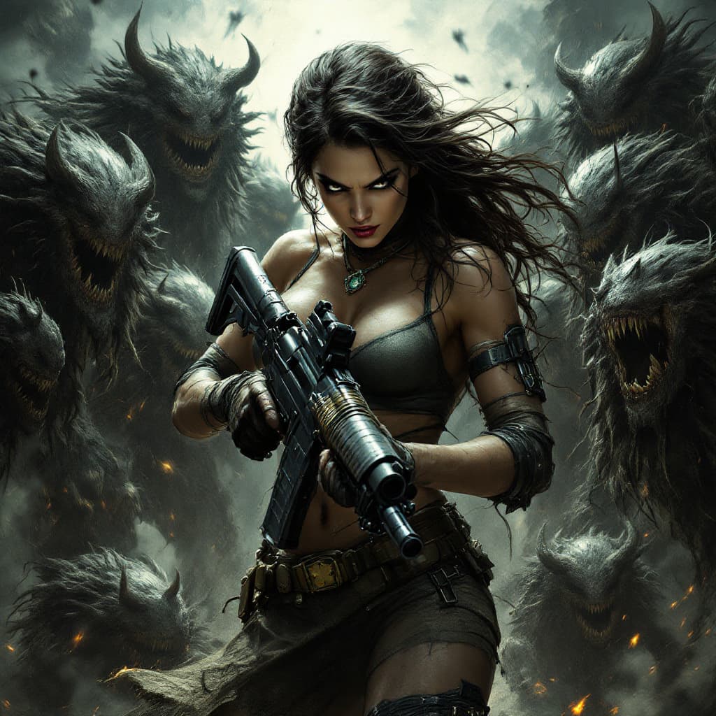 AI generated:  woman (strong,serious face ,dynamic fierce pose) standing in the middle of monsters' crowd with mac...