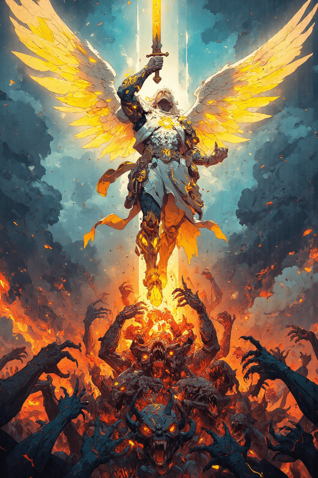 AI generated: An epic, gritty scene (1.8) in the style of Makoto Shinkai (1.6), showcasing an archangel ascending ...