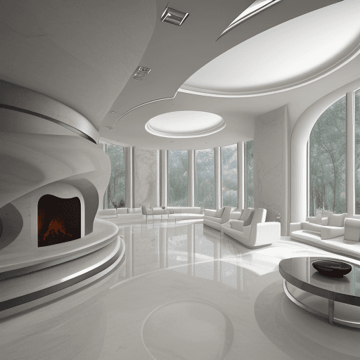 AI generated: high end, curvaceous, organic architecture interior limestone and stainless steel -- 8k -- 