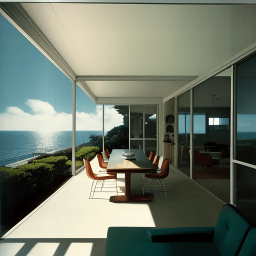 AI generated: Hyper realistic eye level exterior photo of a mid century modern style house overlooking the ocean, ...