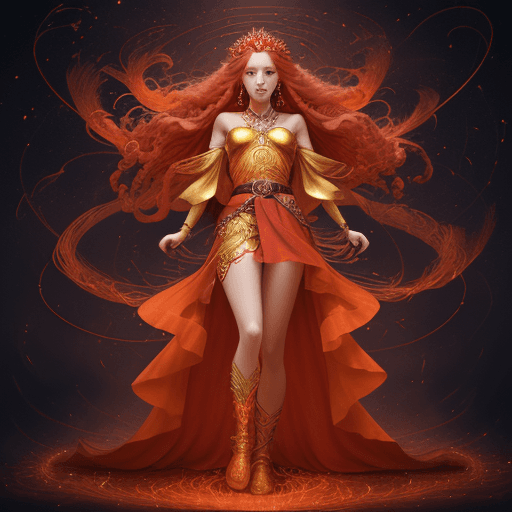 AI generated: fantasy sky:: goddess:: long red hair:: crown of orange flowers on the head:: red sleeves with golde...
