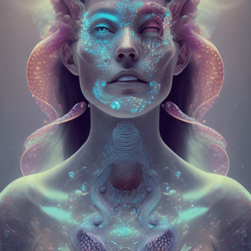 AI generated: Goddess close-up portrait ribcagel. jellyfish phoenix head, nautilus, orchid, skull, betta fish, bio...