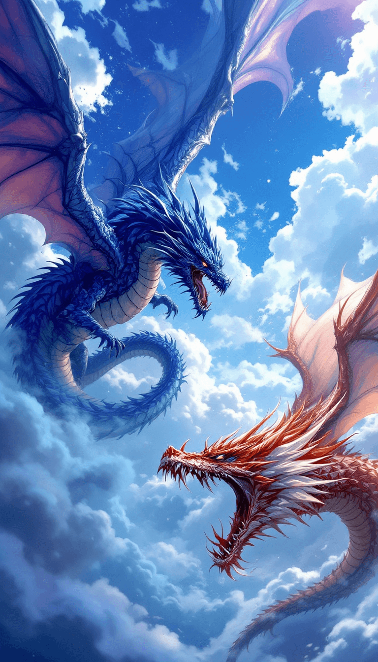 AI generated: Fierce battle in the sky between two dragons --chaos 75 --ar 1:2 --style raw --profile rsy6uq9 --sty...
