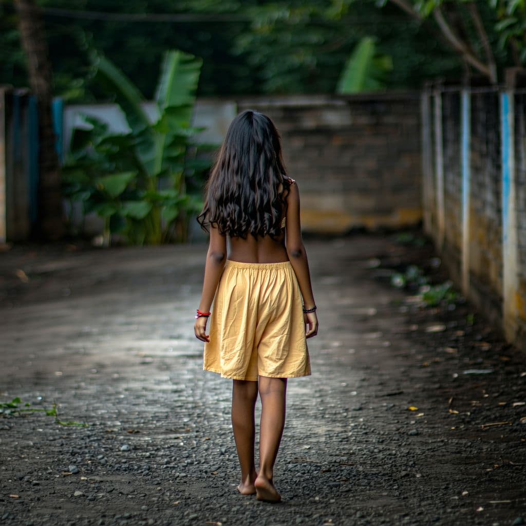 AI generated: Sinhala girl 13 years old walking in the dimly lit gravel path, with heavy buttock, small bosom, lon...
