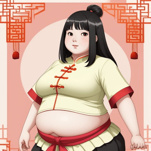 AI generated: Chinese Anime-like girl with fatter body, huge belly, fatter face and triple chin