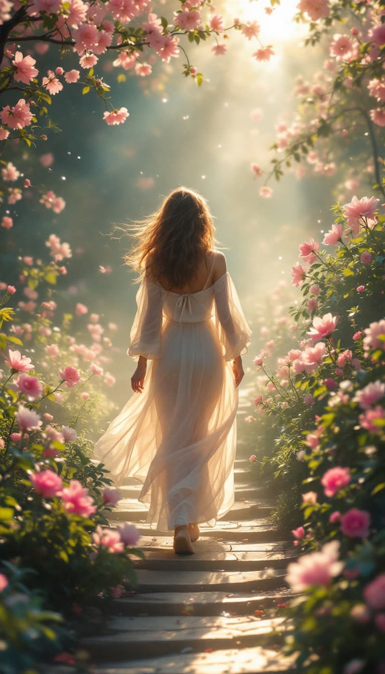 AI generated: Scene: The woman starts walking in a heavenly, dream-like space.
Features: A peaceful, ethereal atmo...