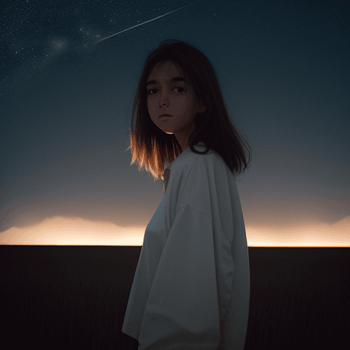 AI generated: 1girl, oversized white shirt, jeans, brown hair, night, night sky, (dark light),  dark space, field,...