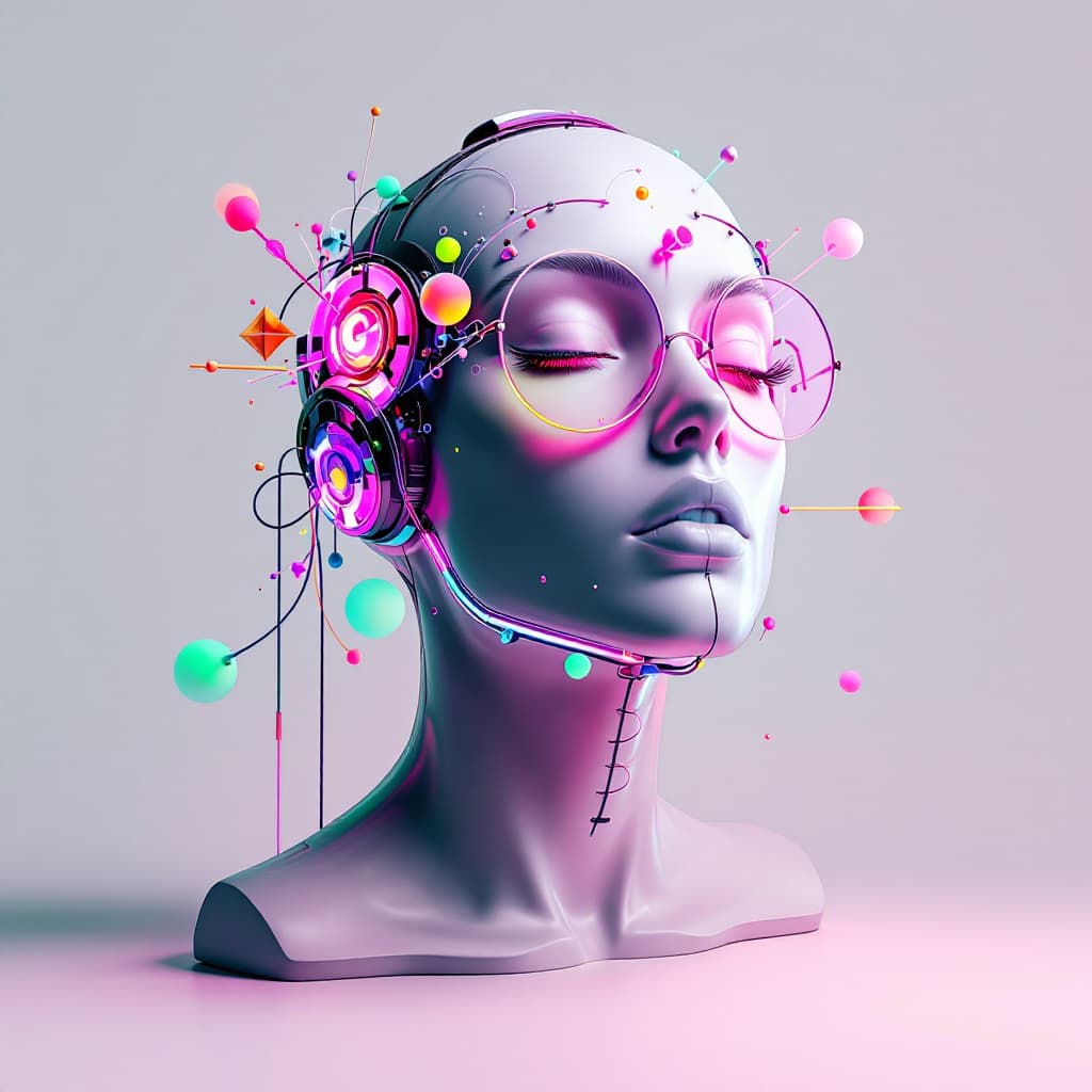 AI generated: 3d 90s rave flyer art techno head model 
