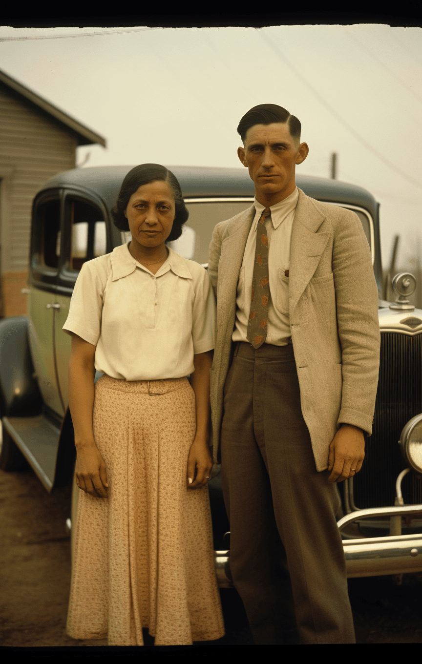 AI generated: a man and woman stand in front of a white car, in the style of grandparentcore, vintage portraiture,...