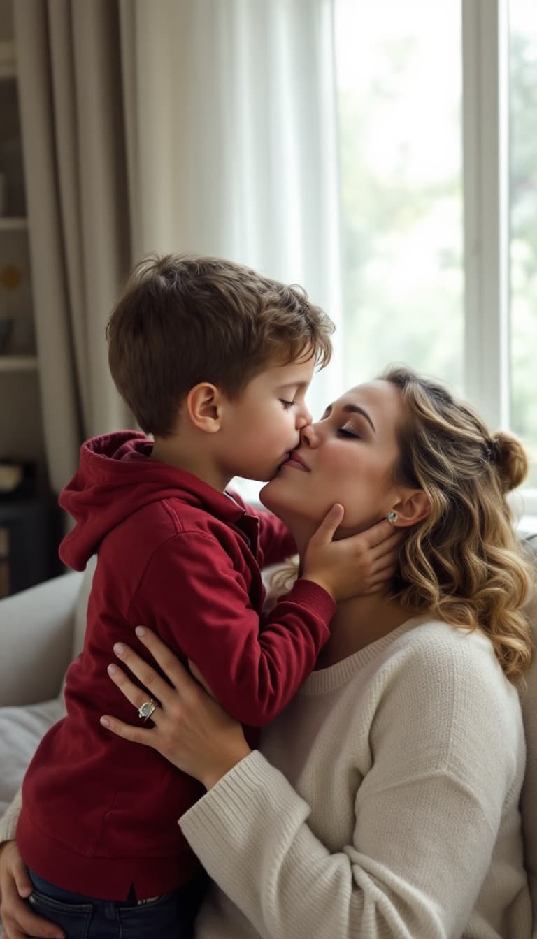 AI generated: Kid boy is kissing Hayley Atwell, together , kid boy and a woman , lullaby .