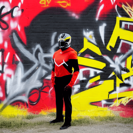 AI generated: a black man in a red and yellow suit, wearing a red power ranger helmet holding spraycans in front o...