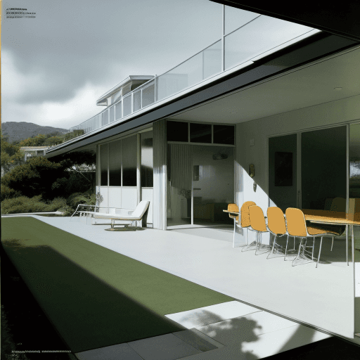 AI generated: Hyper realistic eye level exterior photo of a mid century modern style house overlooking the ocean, ...