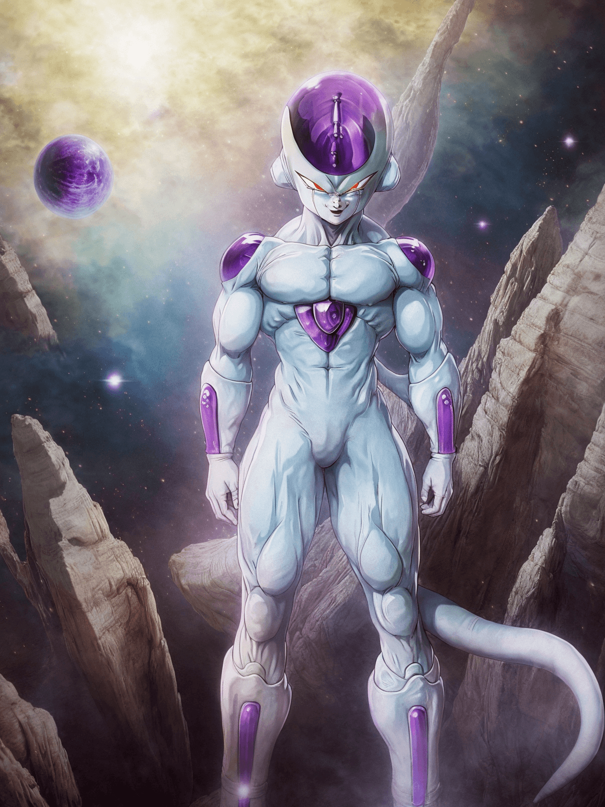 AI generated: masterpiece, best quality, <lora:frieza02:1> frieza, 1boy, clenched hands, earth \(planet\), full bo...