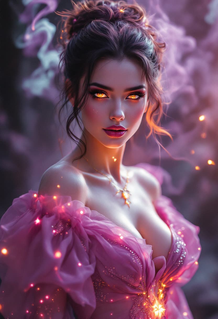 AI generated: In the center of the frame stands a sultry divine element, her skin aglow with ethereal light, her e...