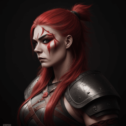 AI generated: photo of a female Viking warrior, fierce, traditional make up, red on black, front profile, looking ...