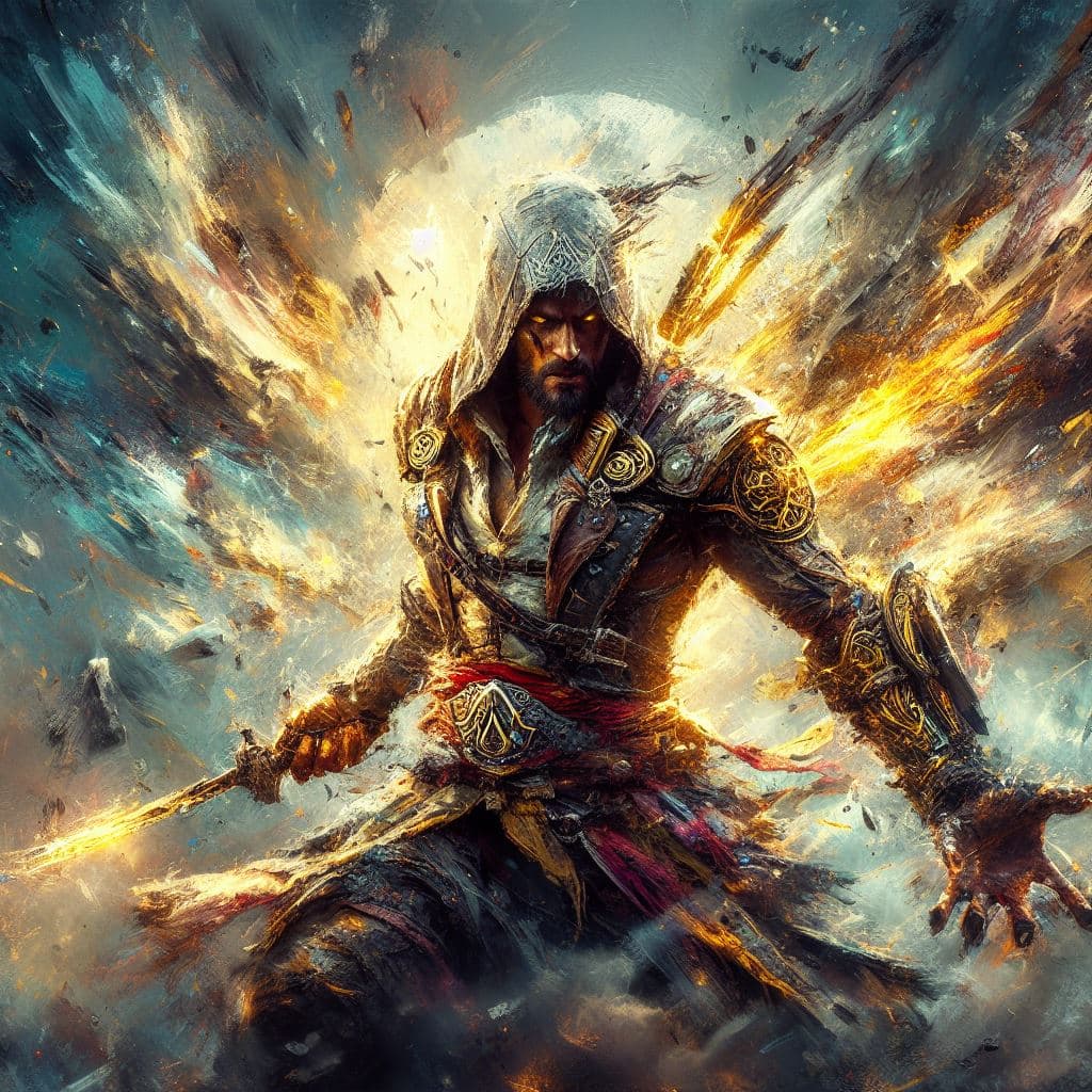 AI generated: painterly style, badass male character looking like Ezio Auditore from Assassin's Creed, raging, cre...