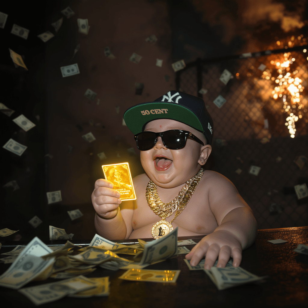 AI generated: A LITTLE FAT WHITE 4 YEAR OLD BABYBOY WITH SUNGLASSES  SITTING ON THE TABLE, FULL OF JOY, LAUGHING, ...