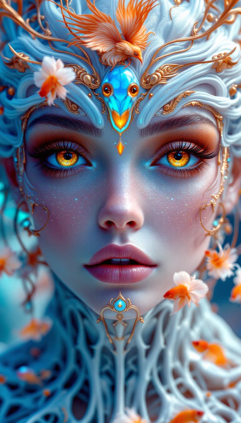 AI generated: Goddess close-up portrait ribcagel. jellyfish phoenix head, nautilus, orchid, skull, betta fish, bio...