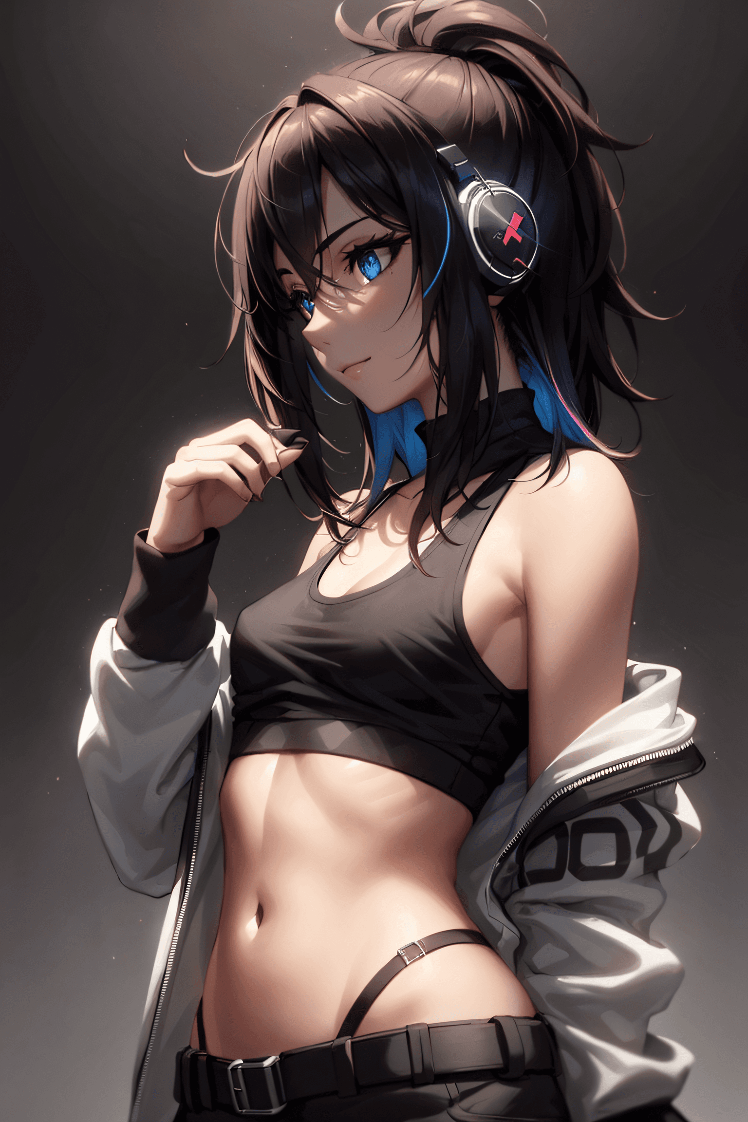 AI generated: black hair, black tank top, (show midriff), (toned stomach:1.4), (flat chest, 1.5), (small breasts:1...