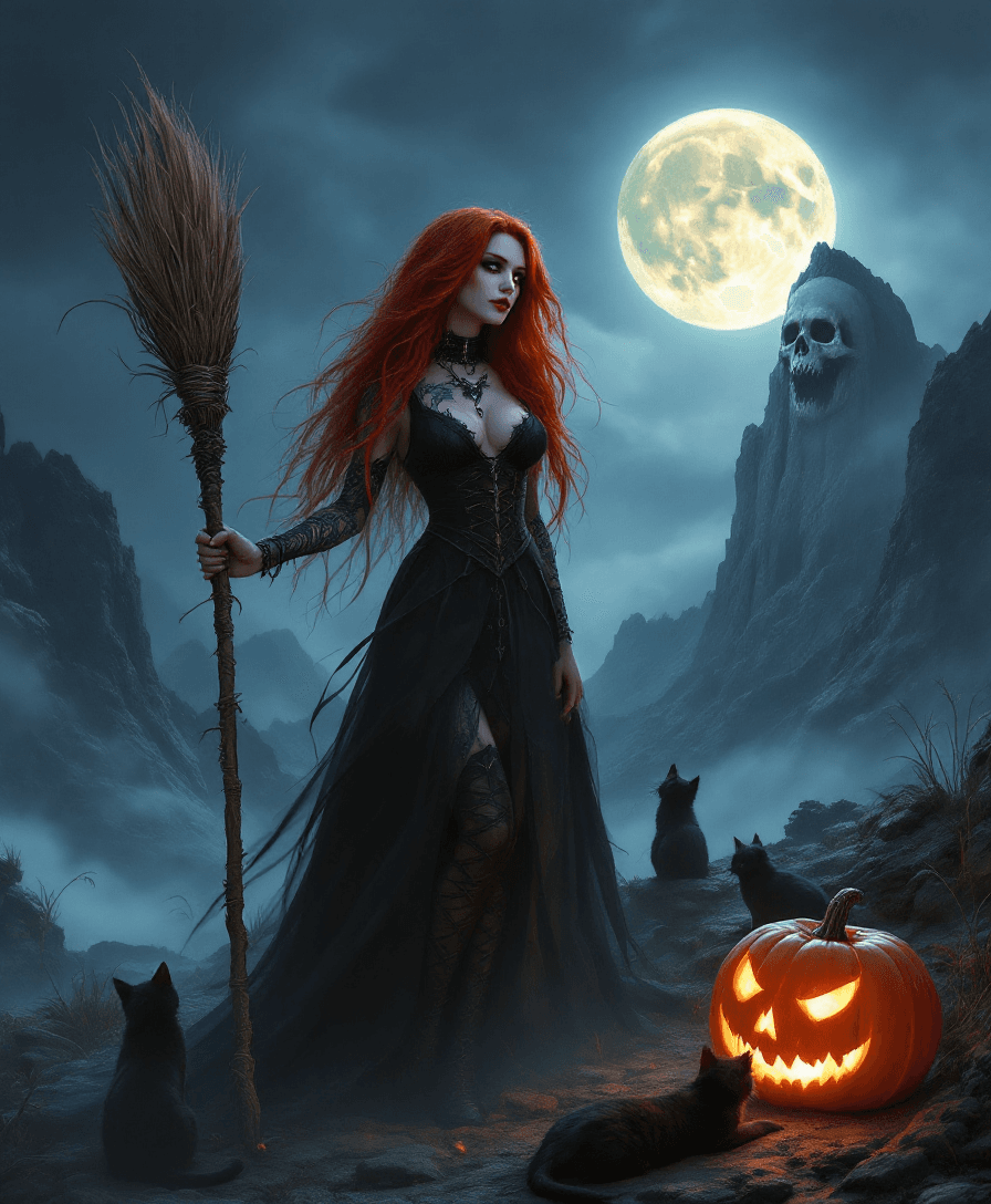 AI generated: an ultra high definition studio quality portrait of a beautiful bright red haired witch holding a br...