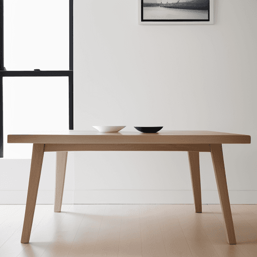 AI generated: Photography with a dynamic view featuring a minimalist design of an oak wood dining table with four ...
