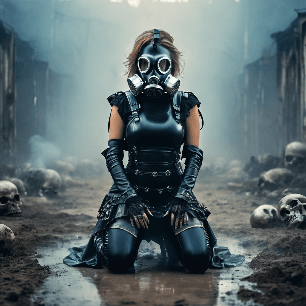 AI generated: a female kneeling angel with gas mask, wasteland dress, skulls on the floor, foggy background, dysto...