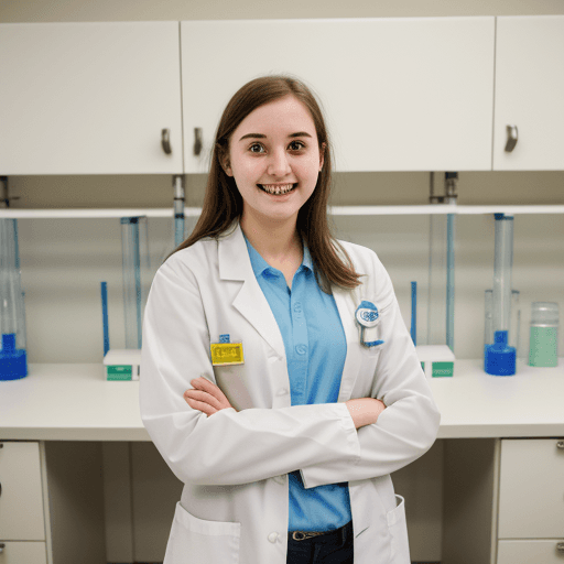 AI generated: 24 year old girl, analytical chemist, standing in lab, grinning, lab coat, fume cupboard in backgrou...